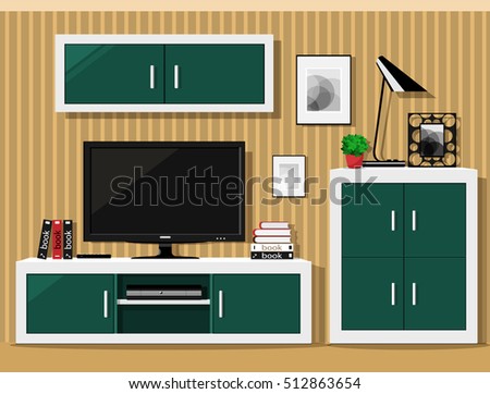 Stylish graphic living room interior design. Cool room set with modern furniture. Vector illustration.