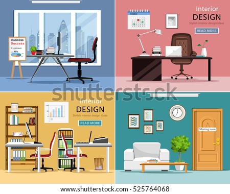 Office rooms set. Detailed graphic room interiors with furniture: office tables, chairs, laptops and office supplies. Modern workplaces. Flat style vector illustration.