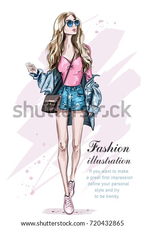 Beautiful young blonde hair woman with bag. Hand drawn fashion girl. Fashion model posing. Sketch. Vector illustration. 