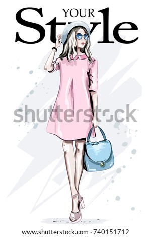 Fashion woman in hat and sunglasses. Hand drawn stylish woman in pink dress. Beautiful young lady in fashion clothes. Sketch.