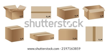 Set of cardboard shipping containers or mailboxes.Realistic mockup vector illustration isolated on white background. Collection of shipping parcel packaging templates.
