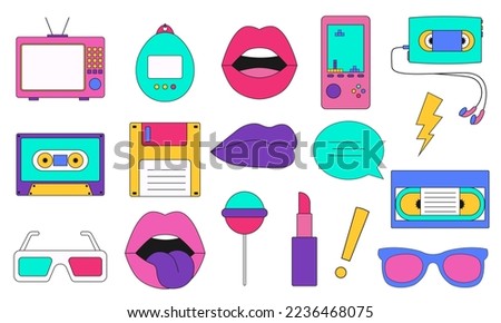 Collection items 80s.Classic 80s 90s elements in modern flat style. Hand drawn vector retro icons: lips,tamagotchi, video cassette, floppy disk, 3d glasses, lollipop, tetris.
