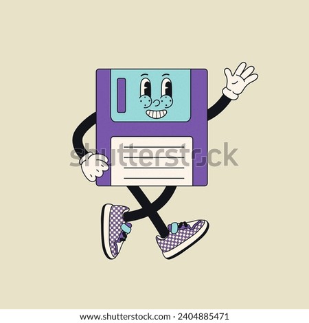 Cartoon groovy floppy disk in trendy retro 70s style. Vector illustration