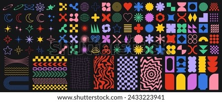 Big vector set of Y2K design elements. Trendy abstract minimalist figures, stars, flowers, circles. Vector illustration