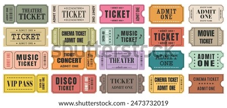 Vector set of admit one ticket templates. Tickets for cinema, movie, theater, music, etc. Event admission, entrance pass set. Vector illustration