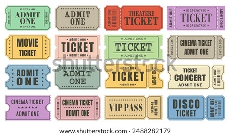 Vector set of admit one tickets template. Ticket for cinema,movie,circus,theater,film,festival,casino,club,music etc. Event admission, entrance pass set .Vector illustration