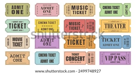 Vector set of admit one tickets template. Ticket for cinema,movie,circus,theater,film,festival,casino,club,music etc. Event admission, entrance pass set .Vector illustration