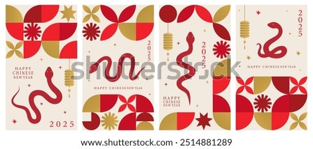 Vector set of Happy Chinese New Year 2025 vertical posters. Backgrounds with a snake and geometric shapes. Vector illustration.