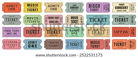 Vector set of admit one tickets template. Ticket for cinema,movie,circus,theater,film,festival,casino,club,music etc. Event admission, entrance pass set .Vector illustration