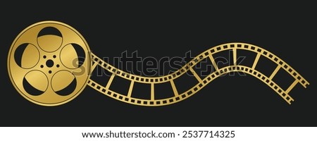 Golden cinema film reel icon. Old retro reel with film strip. Vector illustration