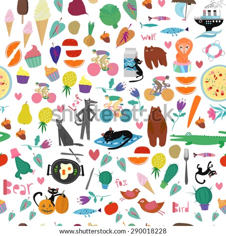 Vector mix pattern with people, animals, foods,hearts, birds. Seamless colorful illustration.