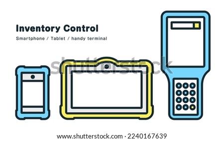 Three devices used for inventory control operations. Illustration of a smartphone, tablet, and handheld terminal.