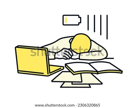 Clip art of businessperson who plops down at the desk because of fatigue. Clip art of a man who falls asleep at his office because he is too busy.