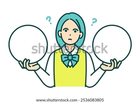 High school student in a blazer thinks about it. Vector illustration of a girl lost in her choices.