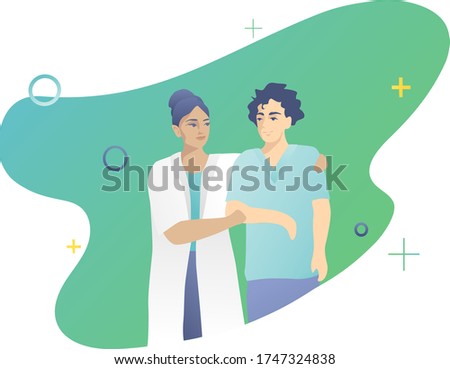 Young beautiful Indian nurse in a white coat helps a male patient to walk.Professional support from assisted. Therapy caring for patient male. blue-green design.