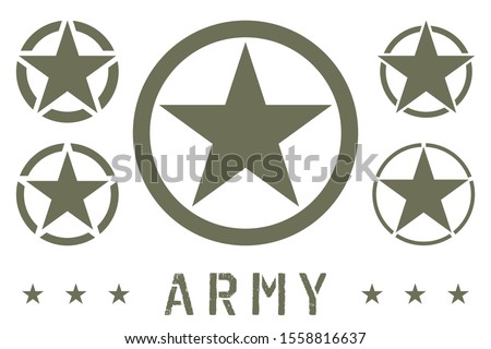 Set of Army Star Green Olive Color. Military Insignia Symbol, Badge, Label