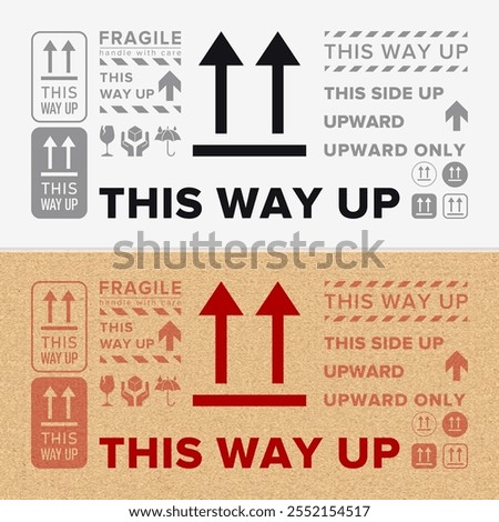 This Way Up. Correct Orientation Indicator. Packaging Symbol. Sign and Label Indicating Packages That Must Be Kept Upright to Protect Contents. Upward Arrows - Vector Symbol