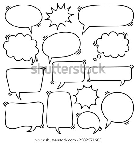 Doodle speech bubble set with different shapes. Cartoon chatting box, message box or thinking sign boarders. Vector cloud or empty dialog frame. Editable stroke.