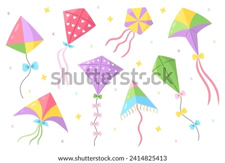 Cartoon flying kites with tails and bows. Wind paper toys for kids. Summer outdoor activities, kite festival or Makar Sankranti celebration theme. Vector illustration set on white background.