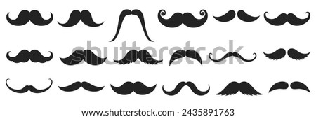 Different moustache silhouettes set. Black hipster, gentleman or barbershop symbols and retro elements. Collection of men's moustaches. Vector illustration on white background.