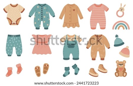 Newborn baby clothes set with doodle elements. Baby shower collection. Cute body suit, dress, pants, jumpsuit, bunny toy, teddy bear, hat, shoes, boots, socks and rainbow. Vector illustration.