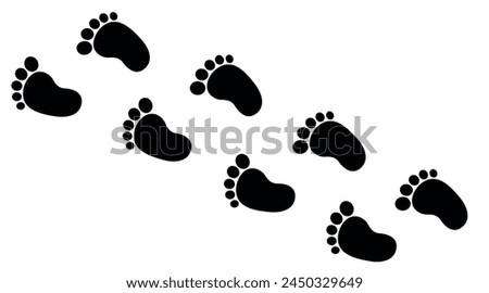 Black baby's prints footpath. Kids feet footprints silhouette. Childhood or baby shower theme. Vector isolated illustration on white background.