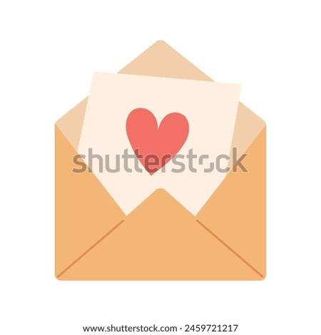 Envelope and paper with a heart inside. Mail, letter or stationery theme. Vector illustration in flat style isolated on white background.
