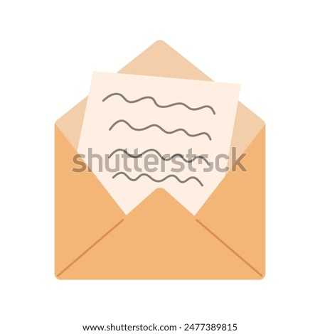 Envelope and letter inside. Mail, post or stationery theme. Vector illustration in flat style isolated on white background.