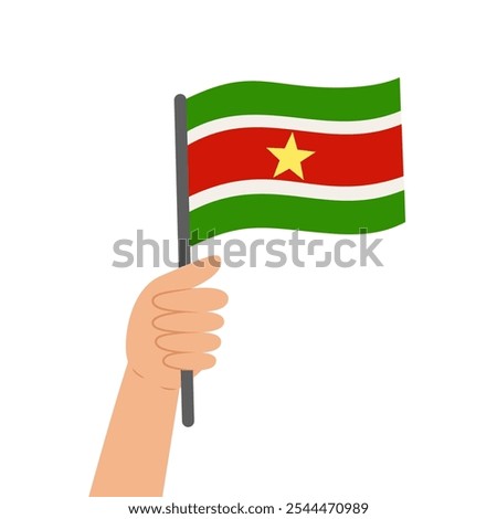 Hand holding a flag of Suriname. Vector illustration of the Suriname flag in flat style isolated on white background.