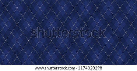 Argyle vector pattern. Navy blue with thin golden dotted line. Seamless dark geometric background for fabric, textile, men's clothing, wrapping paper. Backdrop for Little Gentleman party invite card