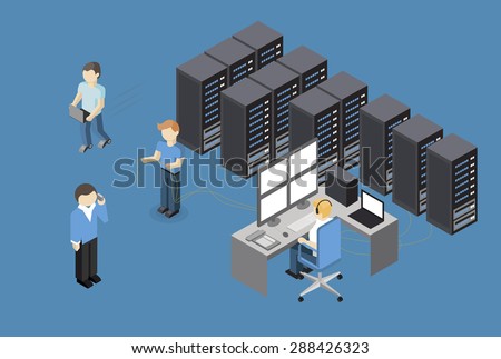 Isometric Vector Illustration diagnostic test in a server computer room. Server test in room. Servers being tested in room.  Technology communication . Infographics Stick Figure
