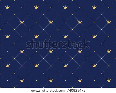 Navy blue seamless pattern in retro style with a gold crown. Can be used for premium royal party. 