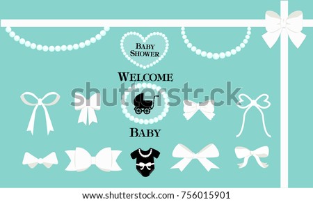 A set of vector design elements for a cute party. White bows, beads, pearls on a blue background. Can be used for birthday, wedding,baby and bridal shower invitation