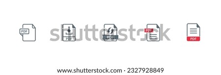 PDF file format icons set. Document text, PDF File Download icon outline sign.Different style icons set.Vector illustration.