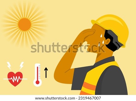 A worker man has heat stroke with heart rate and high temperature symbol, flat vector illustration.