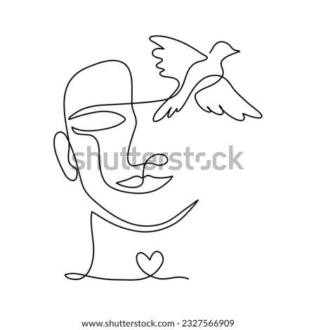 Continuous line art of a happy person with bird and heart symbol, self love concept. Lineart vector illustration.