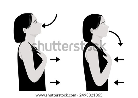 Woman standing and do breathing exercise for two part of breath in and breath out in flat vector illustration.