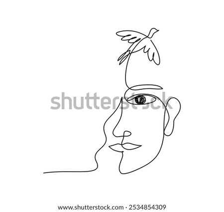 Continuous line art of a woman with bird in freedom concept,editable stroke.