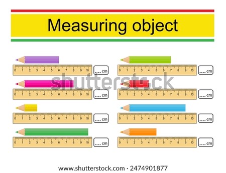 Worksheet for preschool kids. Measuring the length of pencils with a ruler. 