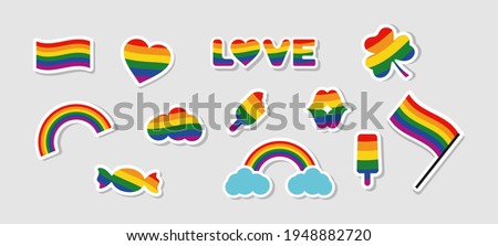 
LGBTQ gay pride icons, LGBTQ related symbols set in rainbow colors: Pride Flag, Heart, Rainbow, Sweet, Love, Couples, Flag, Gay Pride Month. Isolated background