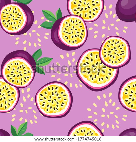Hand drawn vector seamless pattern passion fruit. Print design for fashionable textile. Fruit trendy summer fabric.