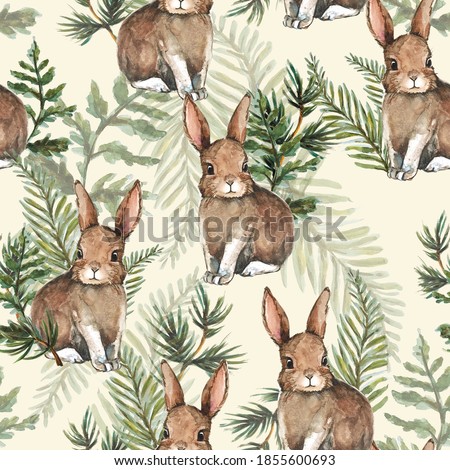 Hand drawn cute rabbit and leaves watercolor seamless pattern illustration background woodland bunny