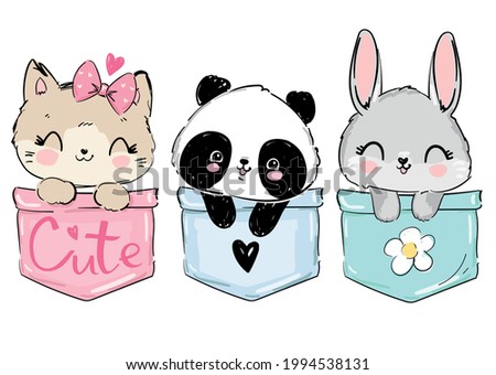 Hand Drawn Cat, Panda, Bunny. Cute Animals sitting in a pocket vector Sketch, Print Design, children print on t-shirt. Stockfoto © 
