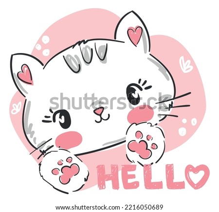 Hello Cat cute kids print Print T-shirt Poster Design For nursery And Kids Clothes Vector illustration