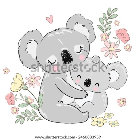 Vector cute koala and baby simple illustration. Kids print.