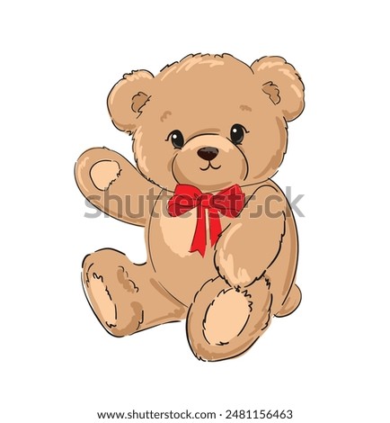 teddy bear and red bow vector hand drawn illustration cute print design for kids 