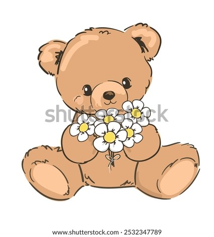 Cute teddy bear and little flowers vector hand drawn illustration cute print design for kids 