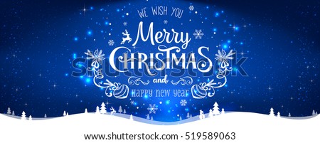 Christmas and New Year Typographical on shiny Xmas background with winter landscape with snowflakes, light, stars. Merry Christmas card. Vector Illustration