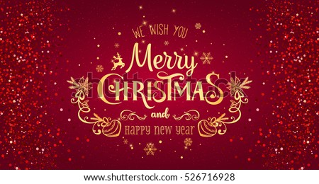 Christmas and New Year typographical on red background with Gold glitter texture. Vector illustration for golden shimmer background. Xmas card. Vector Illustration