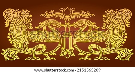 Sri Lankan Wedding Art: Hansa Puttuwa The Black Swan Vector. wedding invitation, cake box decoration. South Asian pattern, kissing swan pattern. Vector Wood Carvings